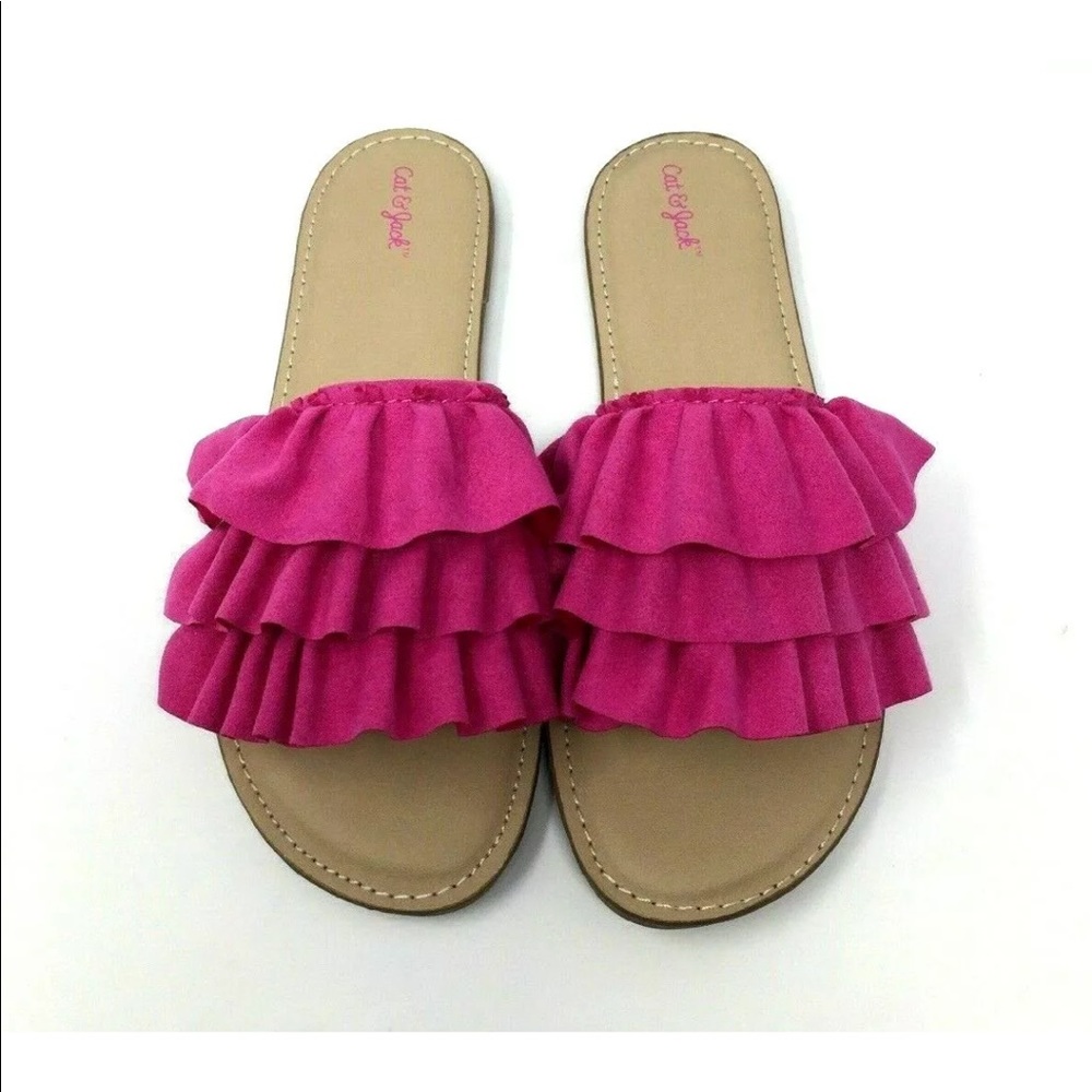 Girls Sz 2 fuchsia pink ruffle slides - Picture 2 of 8